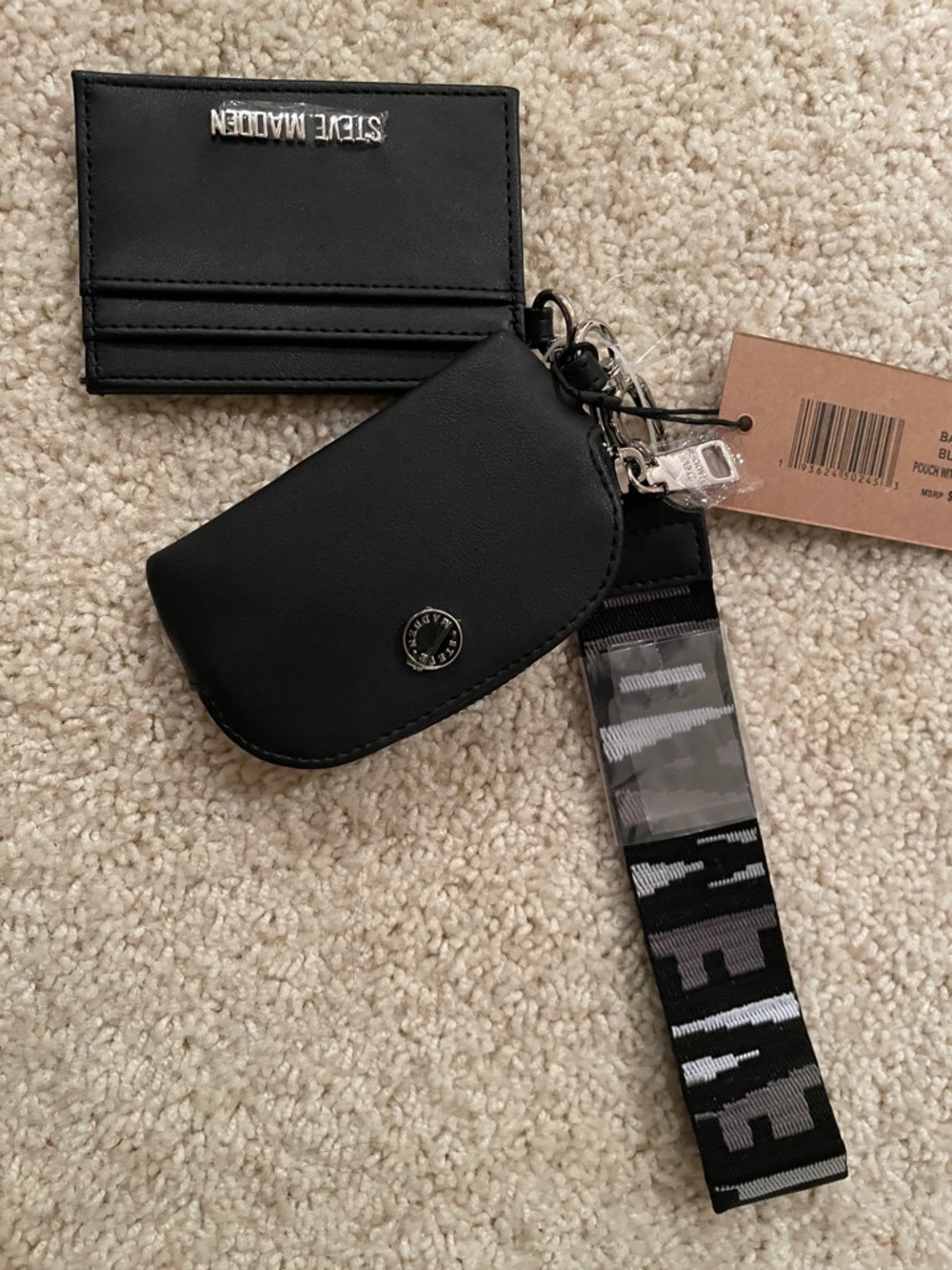 Steve Madden Black Leather Key Pouch with Branded Strap and Cardholder